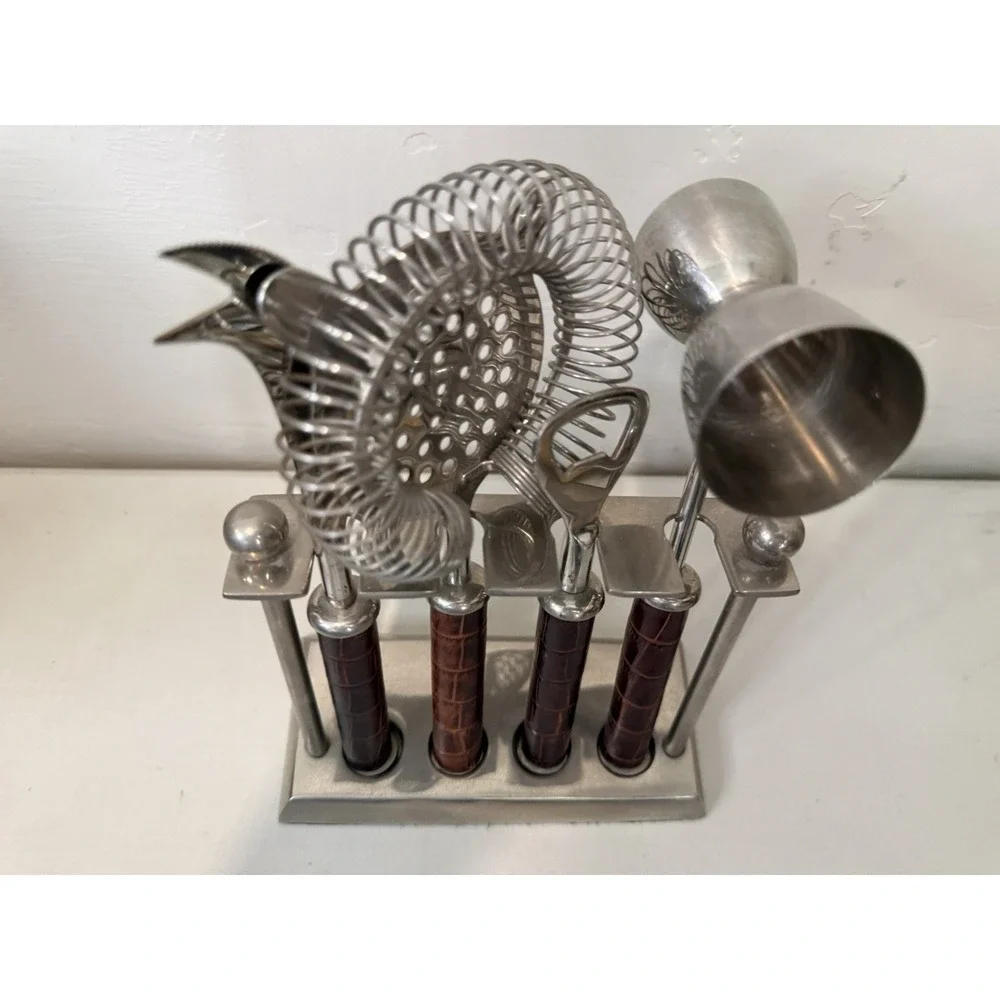 Vintage Pottery Barn Cocktail Barware Tool Set Brown Alligator Croc Handles MCM